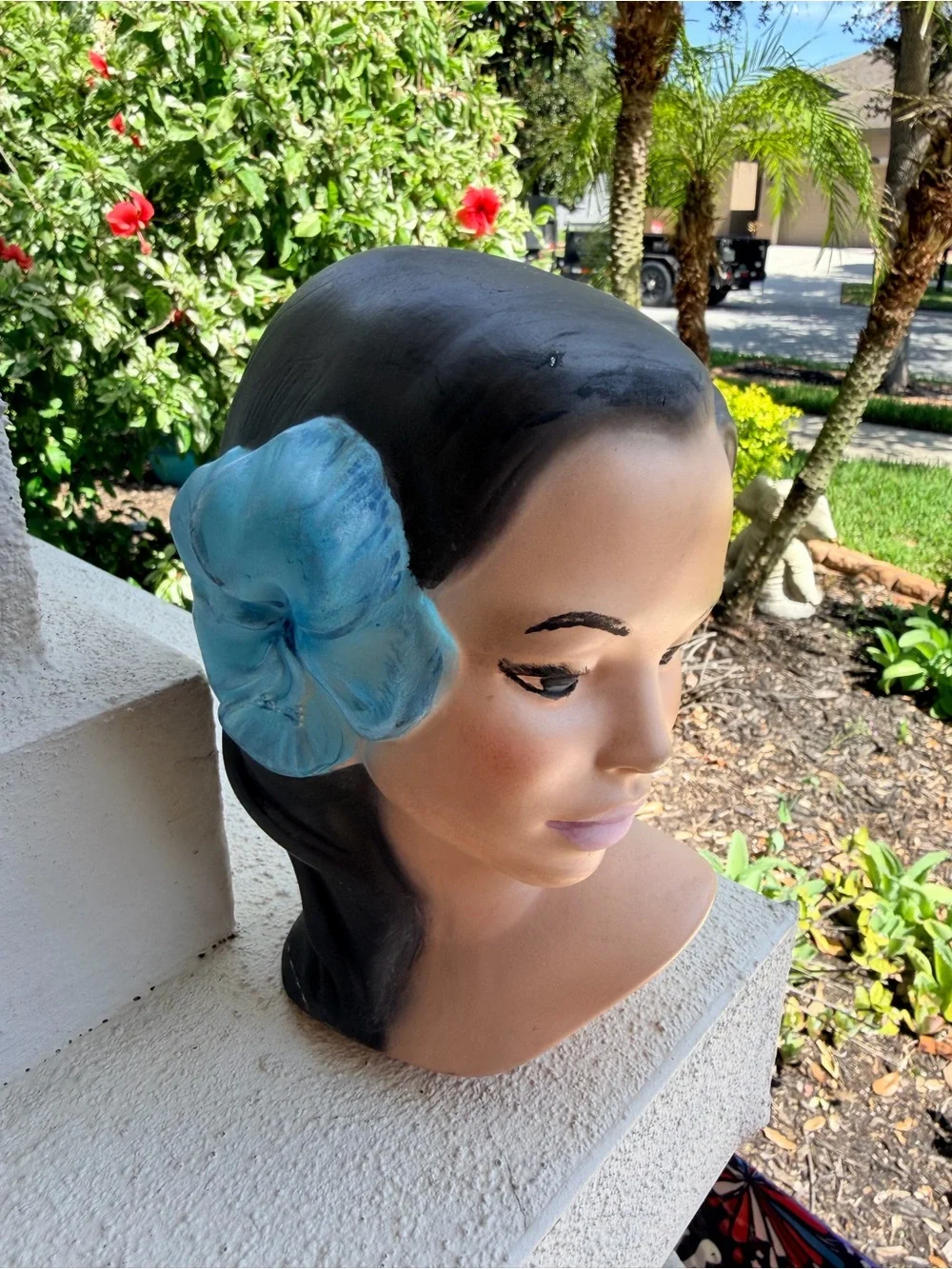 Vintage Ceramic Lady Head Bust Figurine Blue Flower Mid Century Retro Decor